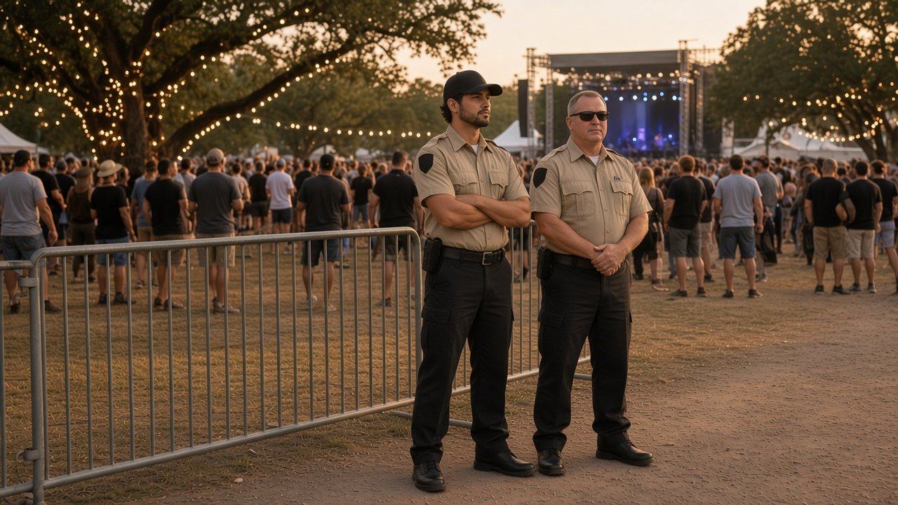 Security officers watching the crowd at an outdoor concert (AI illustration)